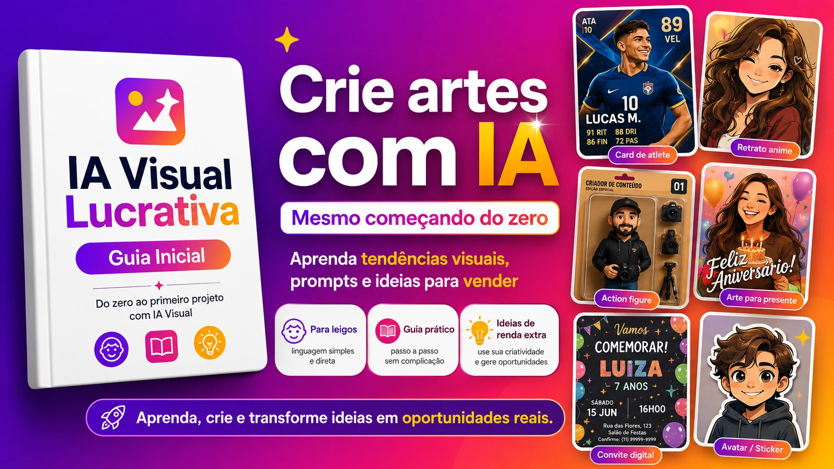 Banner IA Visual Lucrativa mostrando exemplos de artes com IA: card de atleta, retrato anime, action figure, arte de aniversário, convite digital e avatar sticker